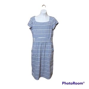 J. McLaughlin Blue White Stripe Midi Dress Size Medium Boxy Neck Nylon Blend